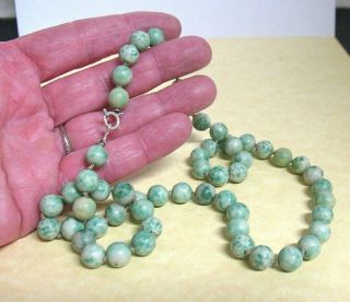 Green Jade Bead Necklace Sterling Silver Clasp Vintage 20 "