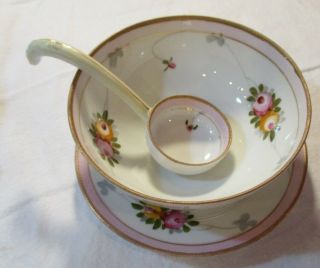Vintage Nippon Hand Painted Roses Porcelain Mayonnaise Bowl,  Under Plate & Spoon