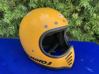 Vintage Bell Moto 3 Helmet Yellow Motorcycle 7 5/8