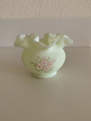 Vintage Fenton Art Glass Custard Vase Hand Painted Flowers Signed L Uevenger 3 " H