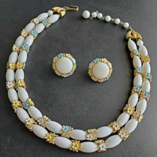 Signed Trifari Vintage Blue Yellow Flower Milk Glass Necklace & Earrings Set L6