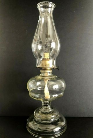 Vintage Clear Glass Oil Lamp With Chimney And Eagle Burner 17.  5 " Tall