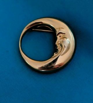 Vintage Crescent Man In The Moon Face Brooch Pin Gold Tone 2 " Round Euc