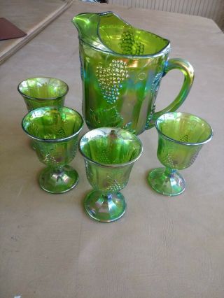 Vintage Green Carnival Glass Pitcher & 4 Goblet Set