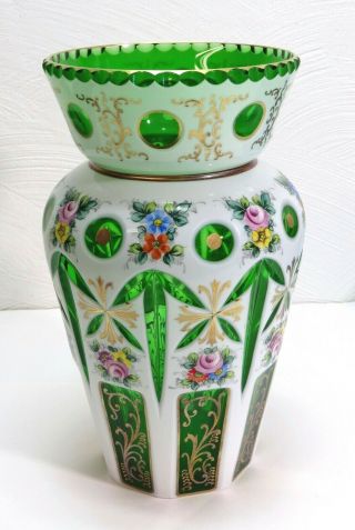 Vintage Czech - Cut To Green - Vase With White Overlay Gold Gilt Czech Art Glass