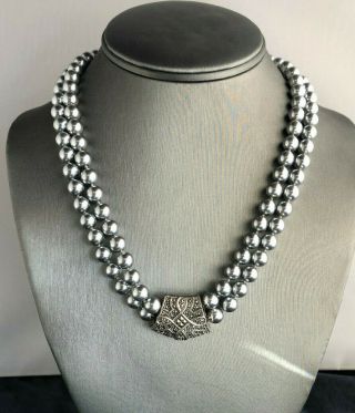 Vintage Sterling Silver & Double Pearl Strand Necklace 18.  5 Inches