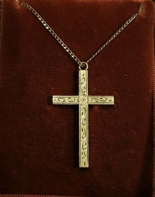 Vintage Cross Pendant Necklace 12kt Gold Filled Diamond Etched Scroll Work