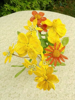 Vintage French Glass Beaded Flowers 8 Yellow 3 Orange On 7 Stems