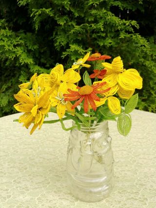 Vintage French Glass Beaded Flowers 8 Yellow 3 Orange On 7 Stems 2