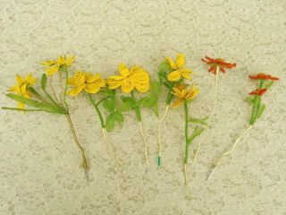 Vintage French Glass Beaded Flowers 8 Yellow 3 Orange On 7 Stems 3