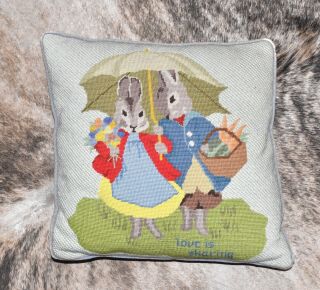Vintage Love Is Sharing Kids Bunny Rabbit Needlepoint Cross Stitch Pillow