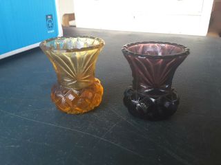 Three Vintage Amber 2 Amethyst Glass Thistle Bud Vases - Art Deco 1930’s