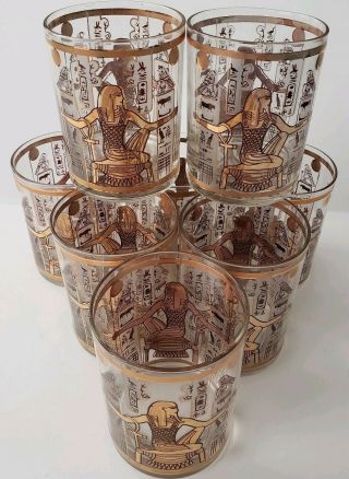 Set Of 8 Vintage Culver Ltd Gold Foil Egyptian King Tut Ankh Highball Glasses