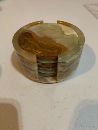 Vintage Round Marble Coaster And Caddy Set 6 With Cork Bottoms