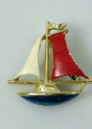 Vintage Gerrys Sailboat Nautical Brooch Pin Red White Blue Enamel Gold Tone