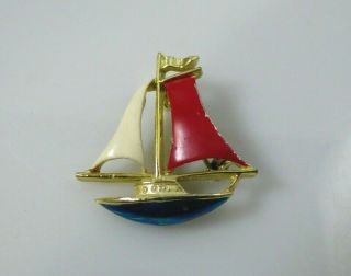 Vintage Gerrys Sailboat Nautical Brooch Pin Red White Blue Enamel Gold Tone 4
