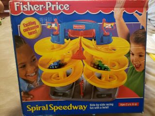 Vtg 1997 Fisher Price Spiral Speedway Racing Car Race Track Complete Extra Cones