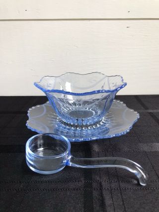 Vintage Blue Depression Glass Mayonnaise Bowl With Ladle And Plate