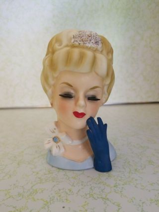 Vintage Lady Head Vase,  1950s Attire,  Gloved Hand,  Eyelashes,  Blonde Hair,  Blue