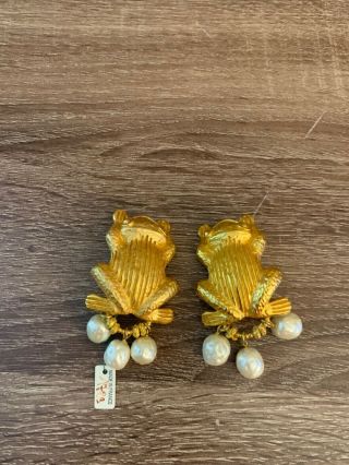 Vintage Made In France Large Frog Clip On Earrings Fun Pearl Beads Dangling