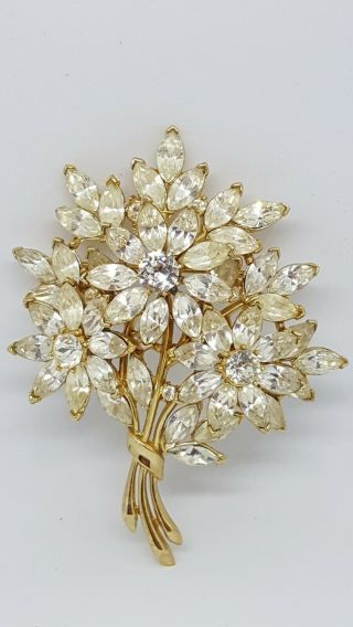 Signed Crown Trifari Vtg Clear Marquise Rhinestone Flower Bouquet Brooch Pin