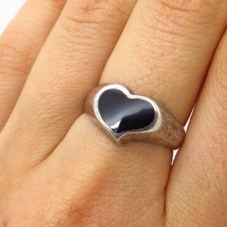 Vtg Signed 925 Sterling Silver Black Onyx Gem Heart Design Ring Size 7