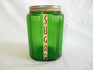 Vintage Owens Illinois Ribbed Green Ovoid Glass 8 " Sugar Canister