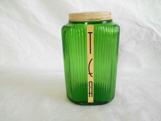 Vintage Owens Illinois 6 3/8 " Ribbed Green Ovoid Glass " Tea " Canister