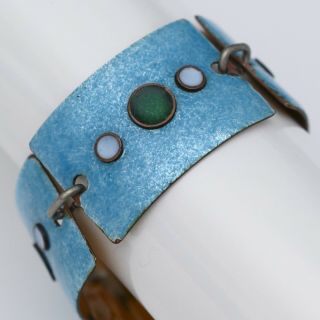 Vintage Mid Century Modern Modnerist Copper Enamel Blue Bracelet