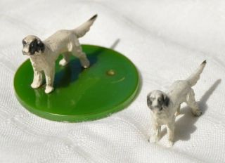 2 Vintage Cast Iron Dog Miniatures,  English Setter Or Spaniel,  On Bakelite Disc