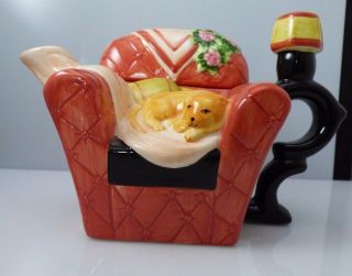 Vintage Tan Cat Kitten Sleeping On Chair Mini Teapot Ceramic Houston Harvest