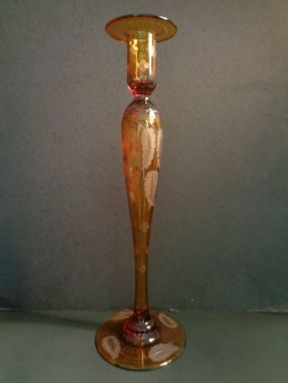 Vintage Tall Amber Glass Candle Holder With Etched Design