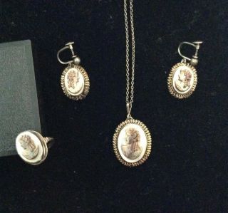 Vintage Costume Jewelry Set Cameo Style Marked 800 Ring - Earrings - Necklace
