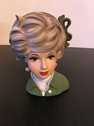 Vintage Napco Napcoware C8496 Head Vase Blonde In Green W/ Pearls