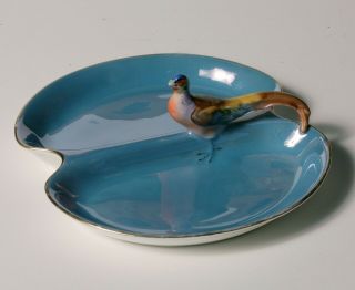 Vintage Art Deco Noritake Serving Dish - 2 Compartment Blue Lus.  W/ Figural Bird
