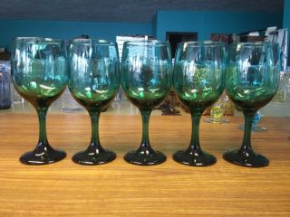Set Of 5 Vintage Libby Vintage Juniper Green Gold Rimmed Water/wine Glasses