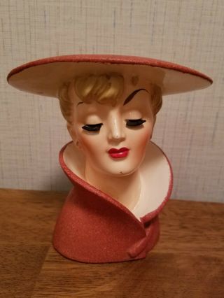 Vintage Relpo Lady Head Vase Planter Brush Eye Lashes Mauve Dress Hat