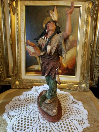 LARGE VINTAGE NATIVE AMERICAN INDIAN CHIEF CERAMIC PLASTER HAND PAINTED STATUE 3