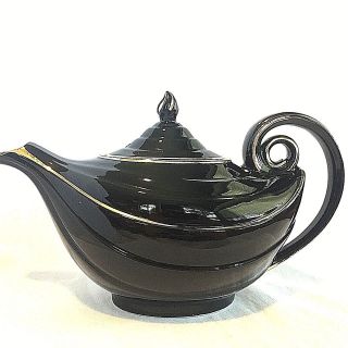 Hall China Black Aladdin Teapot Gold Trim Vintage 1940 