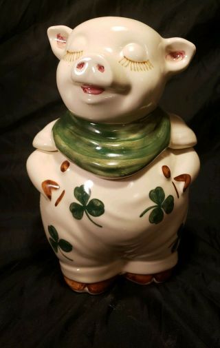Fabulous Vintage Usa Shawnee Pottery Smiley Pig Cookie Jar Green Shamrock 11 "