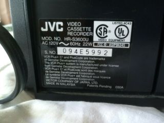 JVC VHS ET S SVHS Hi - Fi Stereo VCR HR - S3600U No Remote Great 6