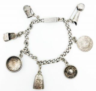 Antique / Vtg Mexican Eagle Mark.  925 Sterling Silver Charm Baby Bracelet 17g 6”