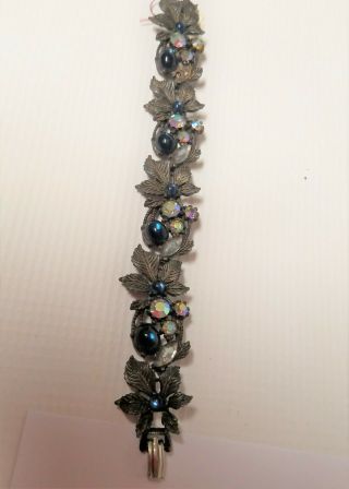 Vintage Blue And Clear Rhinestone And Iridescent Bracelet 7 " X 1 ".