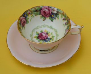 Paragon Hm Queen Mary Footed Tea Cup And Saucer - Pink Rose Chintz Like - Vtg