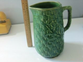 Large Vintage Green Stoneware Pottery Pitcher W/ Flowers And Basket Weave Design