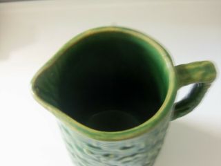 LARGE VINTAGE GREEN STONEWARE POTTERY PITCHER W/ FLOWERS AND BASKET WEAVE DESIGN 2