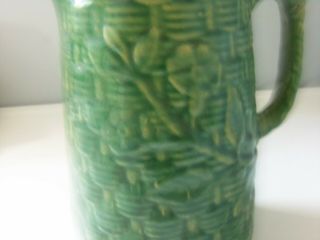 LARGE VINTAGE GREEN STONEWARE POTTERY PITCHER W/ FLOWERS AND BASKET WEAVE DESIGN 3