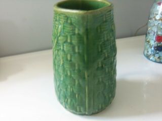LARGE VINTAGE GREEN STONEWARE POTTERY PITCHER W/ FLOWERS AND BASKET WEAVE DESIGN 4
