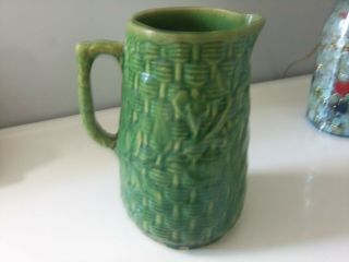 LARGE VINTAGE GREEN STONEWARE POTTERY PITCHER W/ FLOWERS AND BASKET WEAVE DESIGN 5