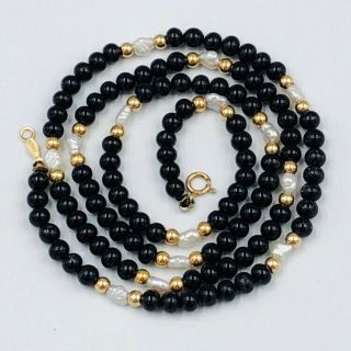 Vintage 14k Yellow Gold Pearl & Black Onyx Bead Necklace 20” Long